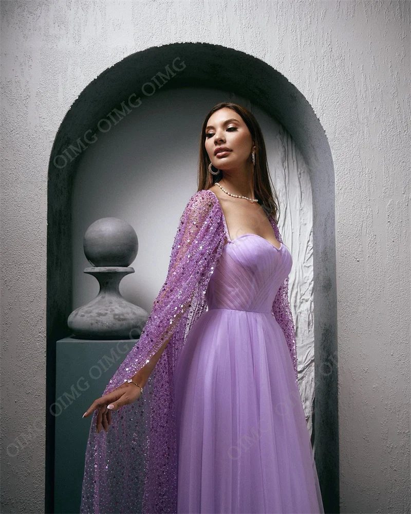 OIMG-Robes de soirée longues en tulle violet brillant, robes de Rhélégantes, cape à paillettes, occasion de fête personnalisée, arabe saoudien, le plus récent