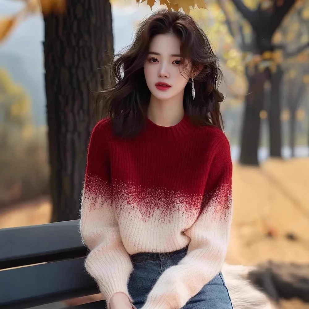 BOWEYLUN Ankora красный абрикосовый градиентный свитер с круглым вырезом женский зимний повседневный вязаный свитер пуловер топ женский