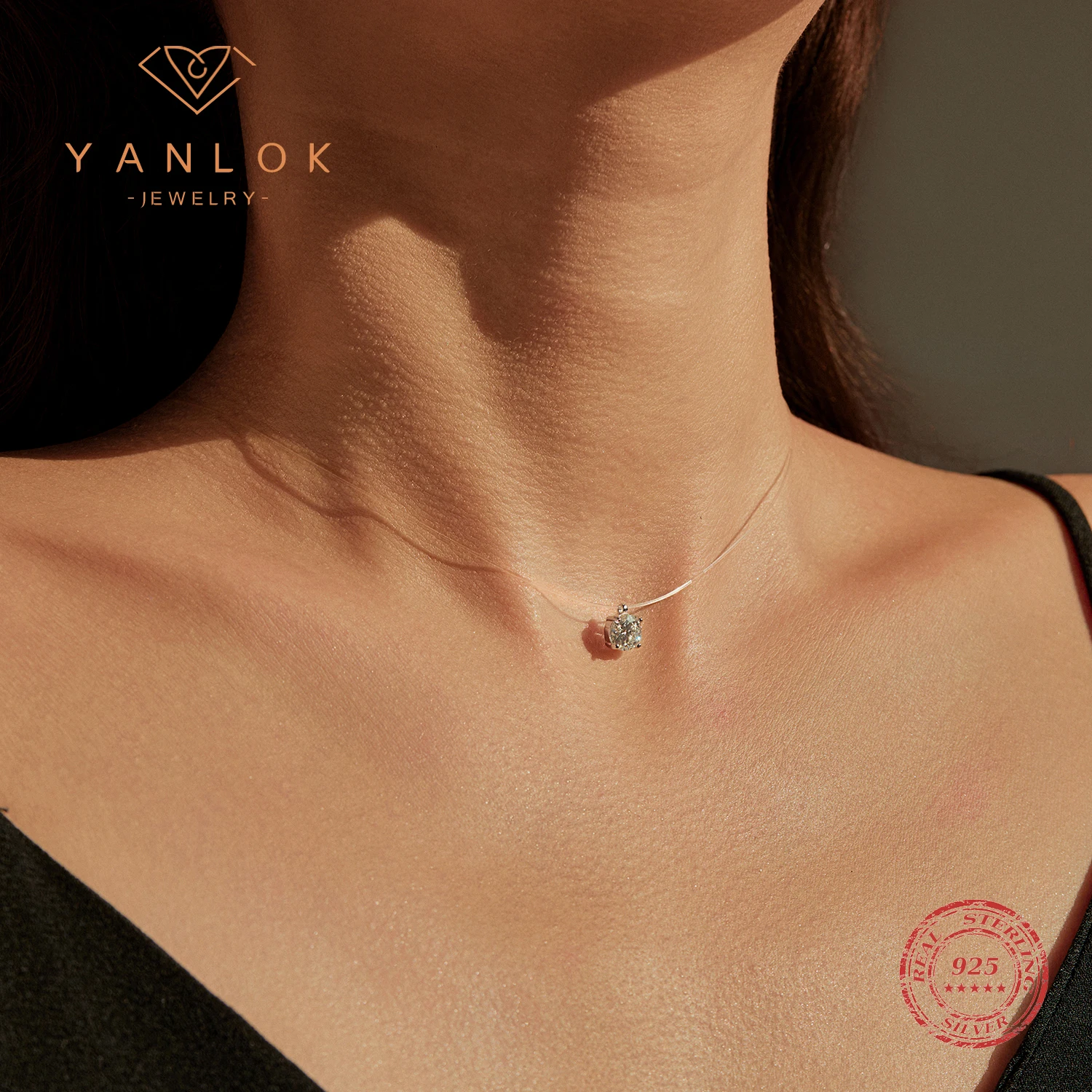 YANLOK 925 Sterling Silver Trendy Round Water Drop Moissanite Fishing Line Choker Necklace For Women Fine Jewelry