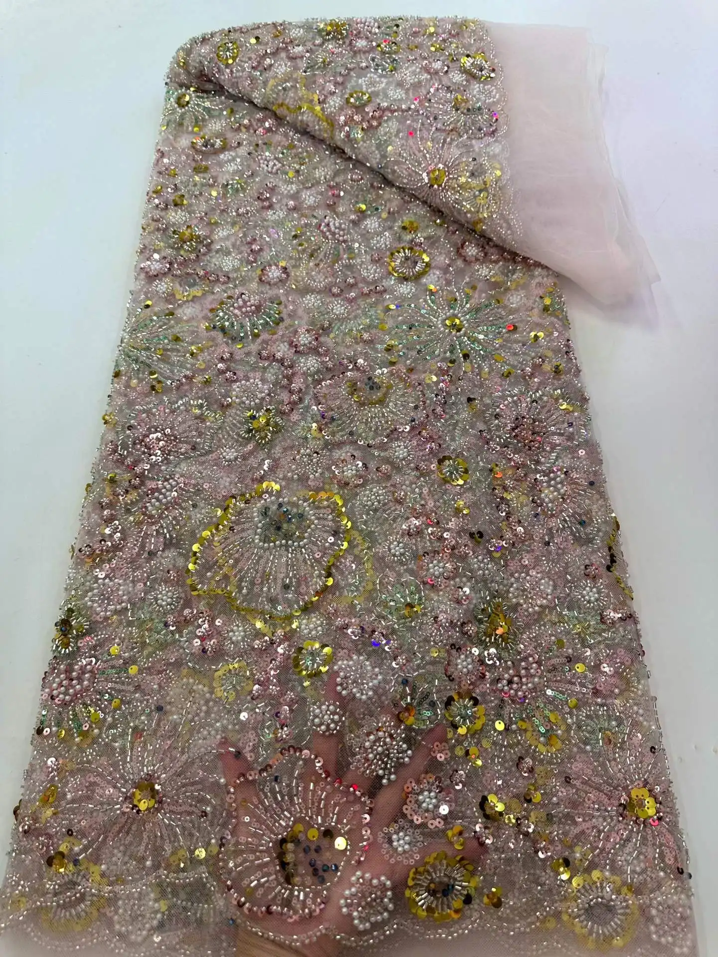 

Элитная африканская кружевная ткань с пайетками и бисером 2026, высококачественное кружево, 5 ярдов, оранжевое французское кружево, нигерийские кружевные ткани для вечеринок