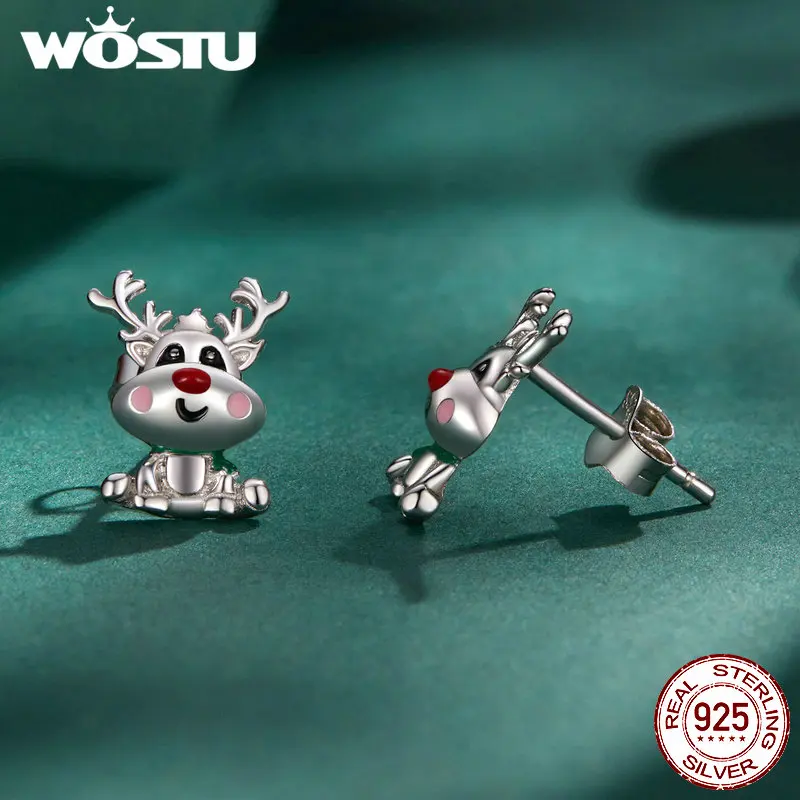 WOSTU 925 Sterling Silver Luminous Christmas Earrings Reindeer Ear Studs For Women Fine Jewelry Christmas Family Party Gift