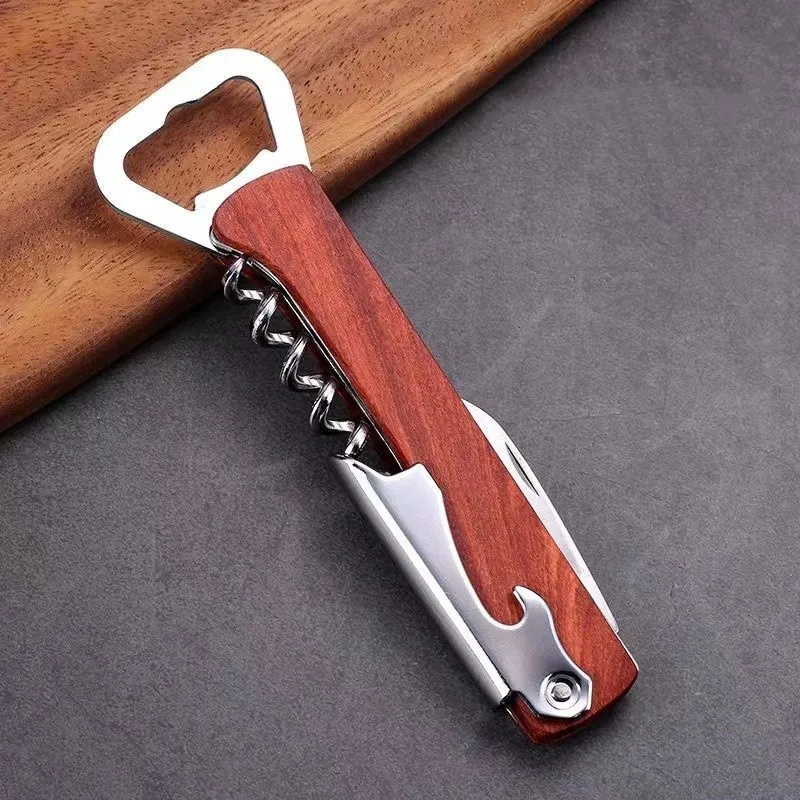 プロの多機能ポータブルスクリューコルク栓抜き、ステンレス鋼赤ワイン栓抜き、革付き木製ハンドル、キッチン、バーツール