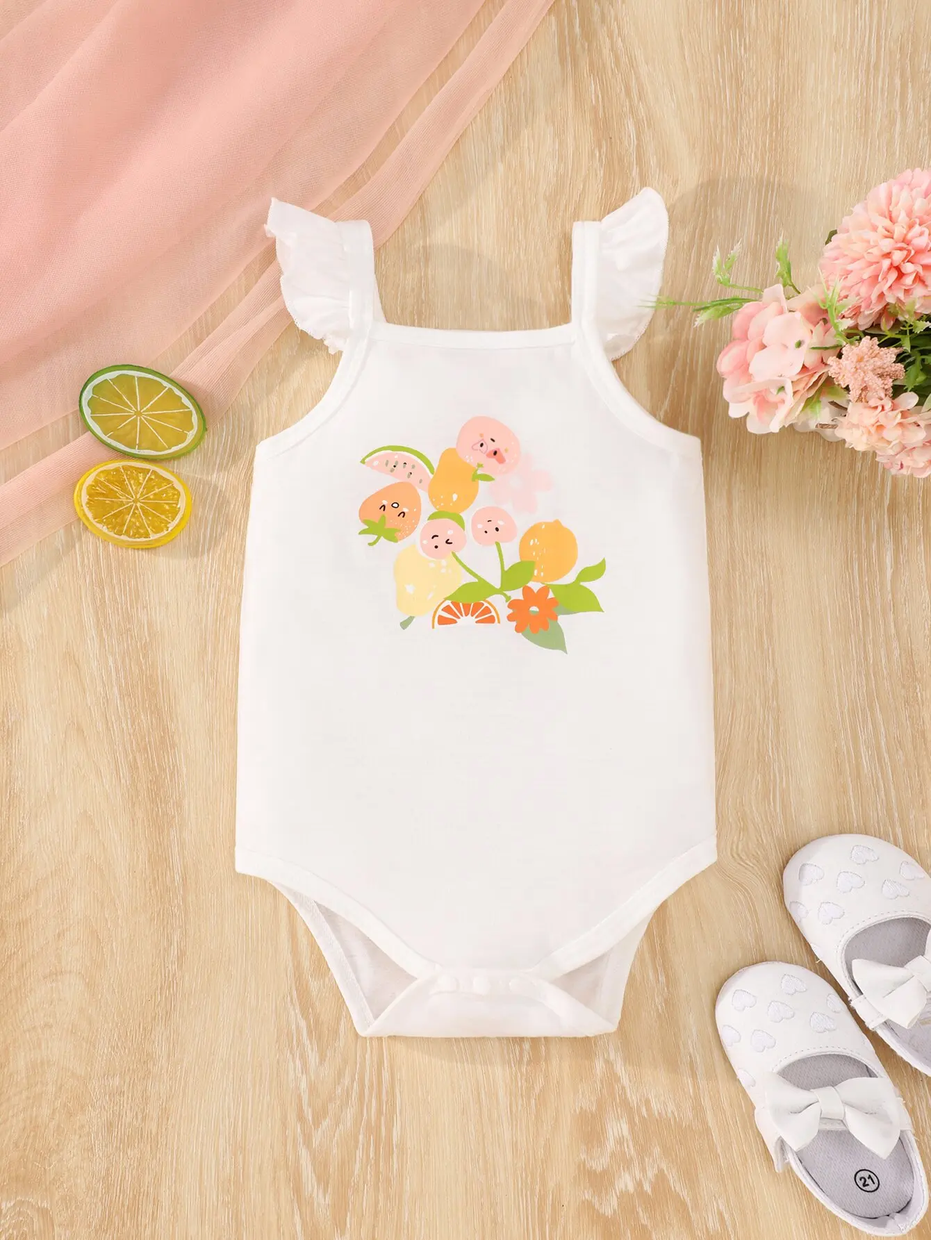 Baby Summer Cute Comfortable Breathable Simple Solid Color Flying Sleeve Vest Baby Bodysuits Cartoon Pattern Printing