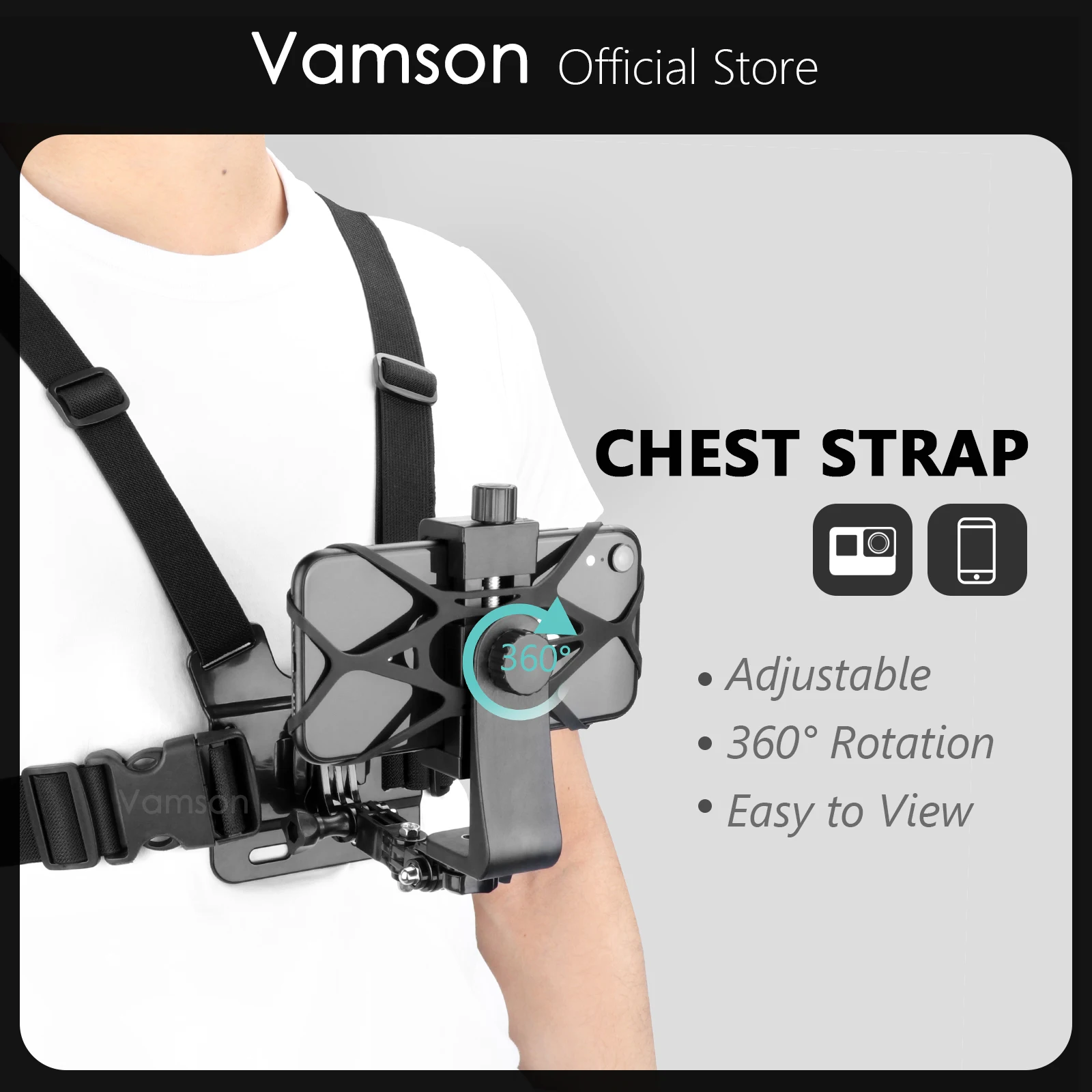 Vamson for Gopro 12 11 10 9 Accessories Chest Strap Body Harness Universal Phone Clip for iPhone Xiaomi Samsung Huawei Insta360