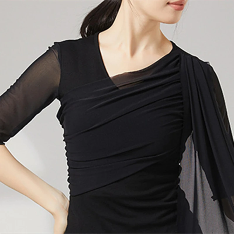 Abito da ballo moderno Top da donna Manica a rete svasata Camicia fluida in tulle con giunture Orlo irregolare Abiti da allenamento quotidiano Stage Yoga Chic Tee