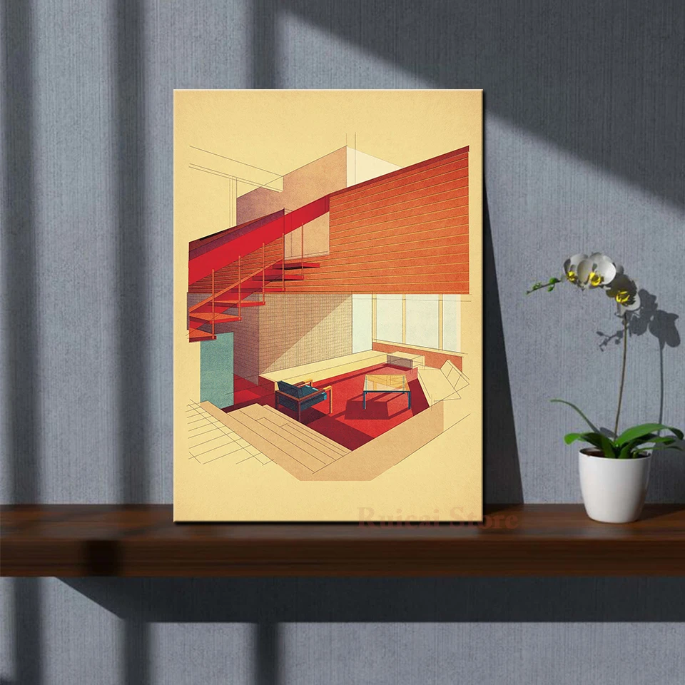 

House Interior with blue chair Poster Canvas Art Room Wall Painting Home Decor