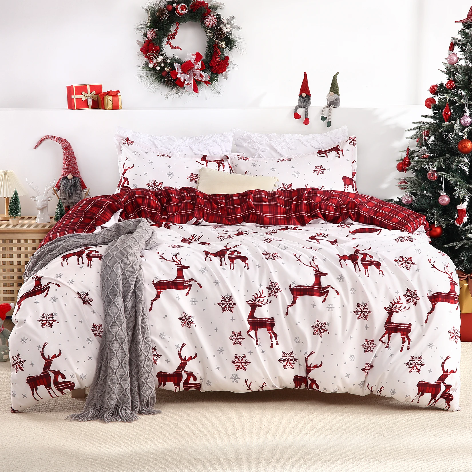 Christmas Duvet Cover , Soft Brushed Microfiber Comforter Cover Sets, Reindeer Printed Holiday Theme Bedroom Decorative Bedding