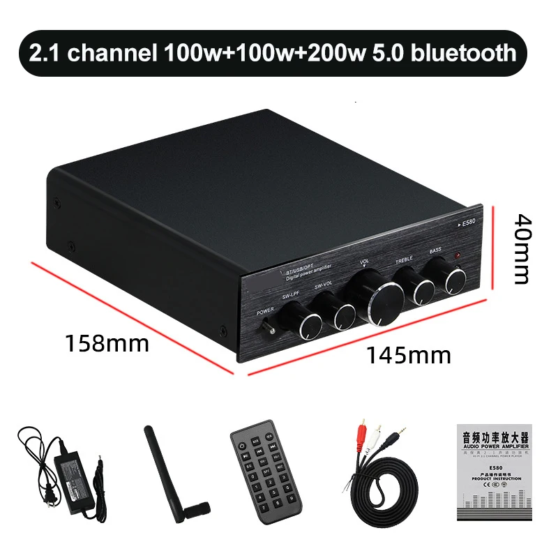 Creatall 2*100W+200W 2.1 Channel Digital Audio HIFI Desktop Amplifier Professional Mini Subwoofer Sound Power Amplifier for Home