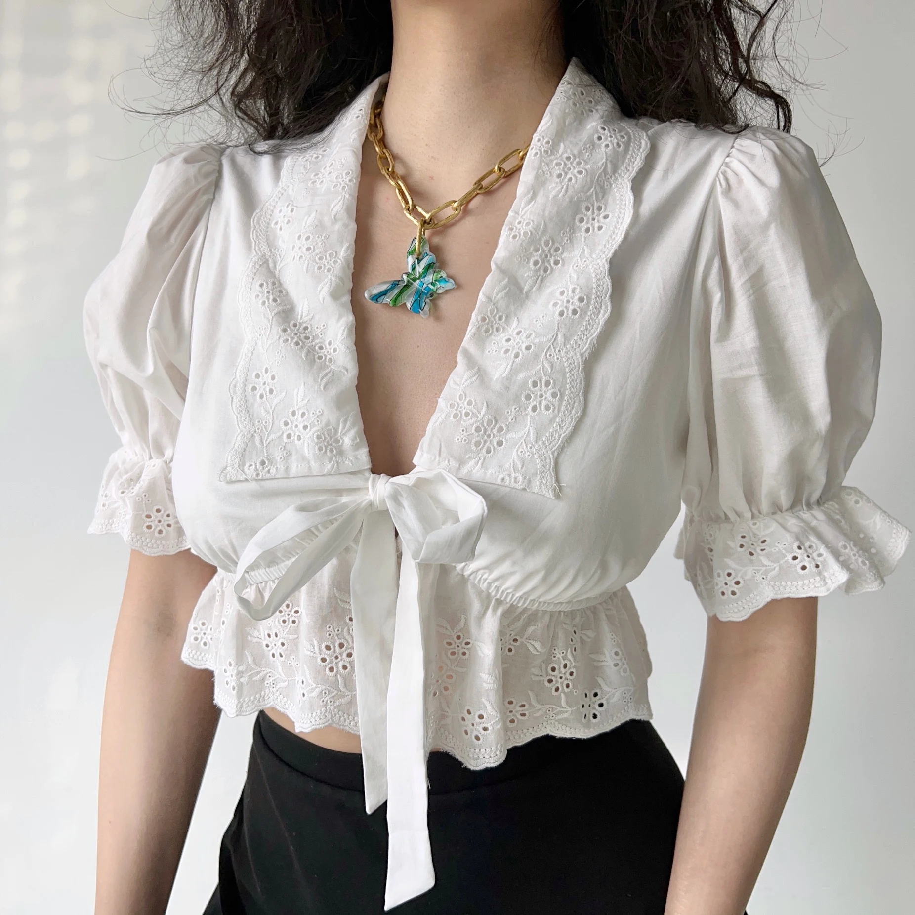 Karrram Lace Patchwork Blouse Puff Sleeve Shirt V-neck Bandage Embroidery Crop Tops Women White Short Sleeve Shirts Korean Style