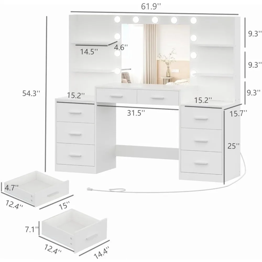 Tavolo da trucco per trucco con specchio e luci, scrivania da trucco con ciabatta, cassetto grande e sei comò aperto 3 modalità di illuminazione