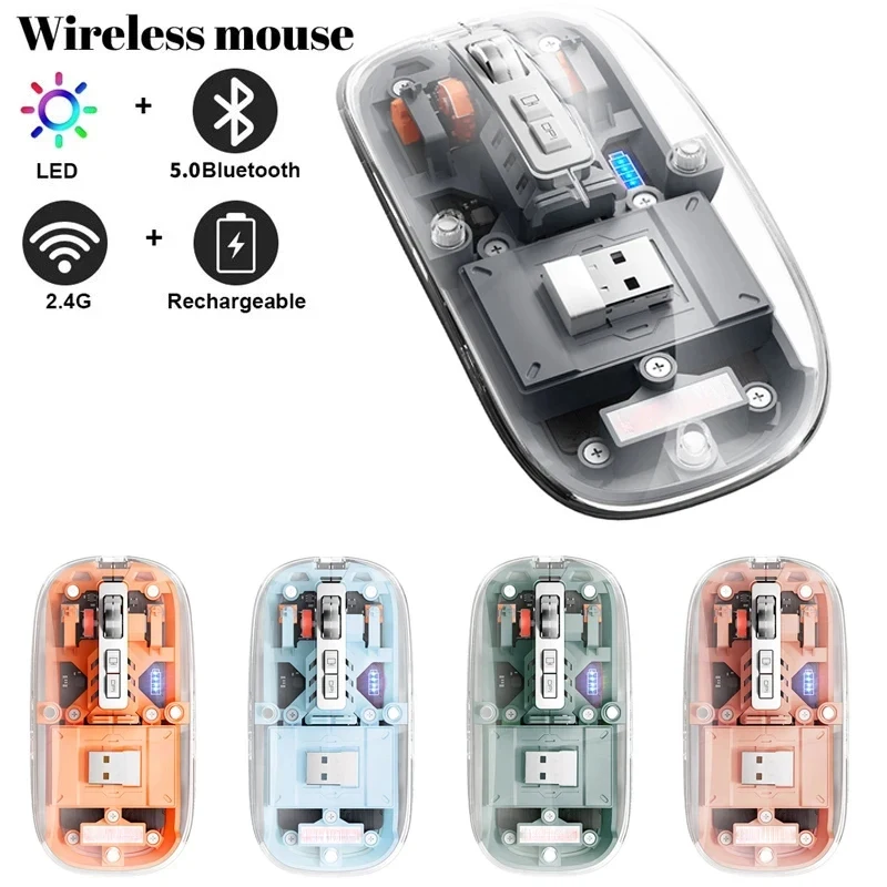 Transparent Office Mouse Bluetooth-Compatible Wireless Mouse with RGB Light Mechanical Mouse Type-C Charging for Desktop Gaming