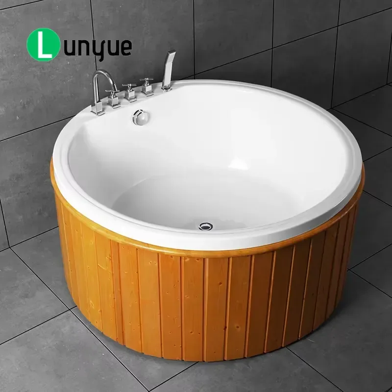 Large Round Acrylic Whirlpool Bathtub Independent Wooden Tub with Faucet for Bathroom Home Spa Relaxation