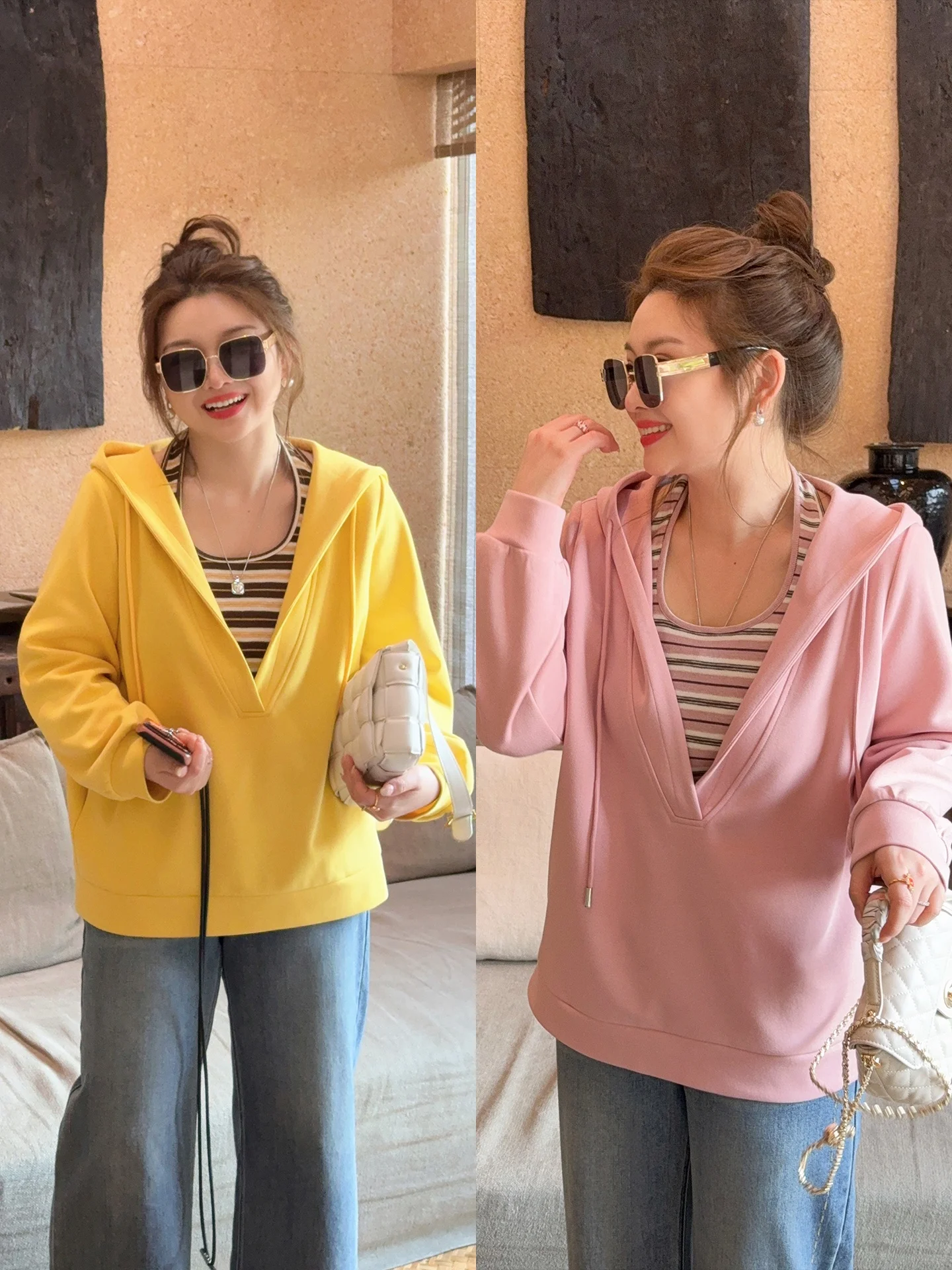 

Ladies Casual Heart-Shaped Bouffant Two-Piece Set Neck Hanging Sweatshirt Spring New Style Comfortable Korean Loose Fit Long ...