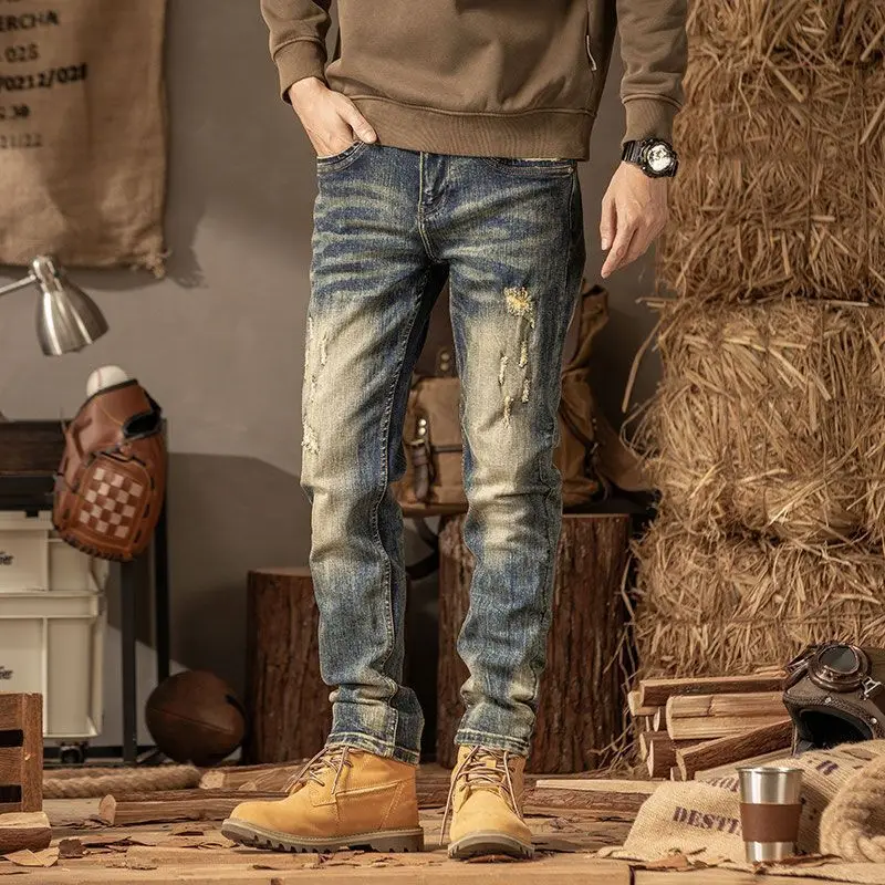 

Fashion 2025 Vintage Blue Distressed Jeans Men's Slim Classic Heavyweight Stretch Pants Male Scraping Ripped Washed Denim Pants