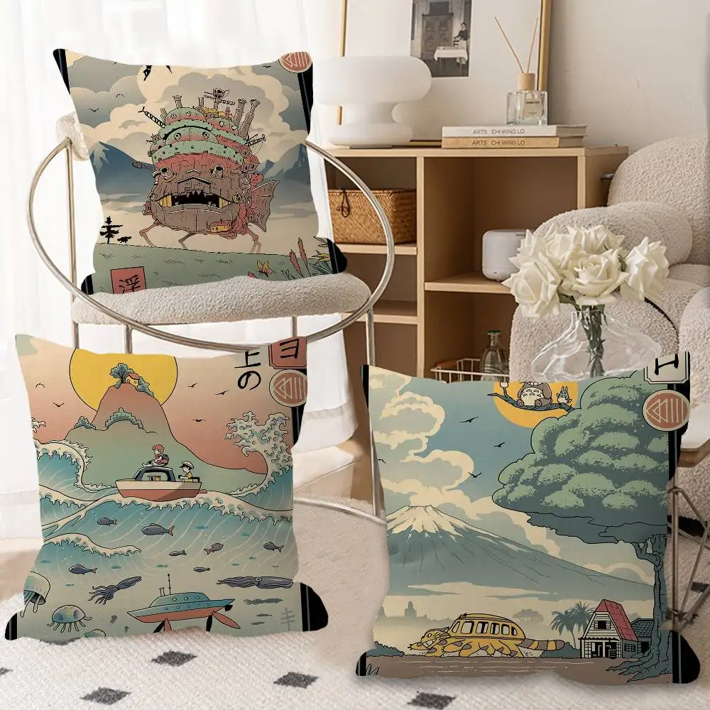 Studio Ghibli Ukiyo-e colección funda de almohada para cojín de oficina funda de cojín para coche 45X45CM funda de almohada Lumbar funda de almohada para sofá