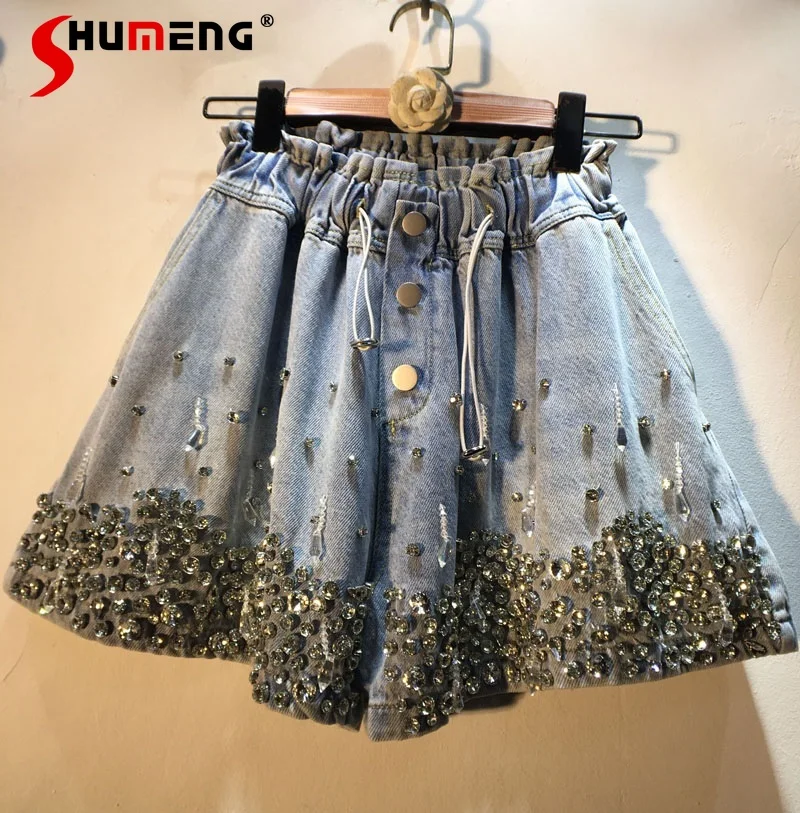 

Rhinestone Denim Shorts Woman Summer Wear New Heavy Industry Tassel Bead Diamond-Embedded High Waist Wide-Leg Jean Shorts