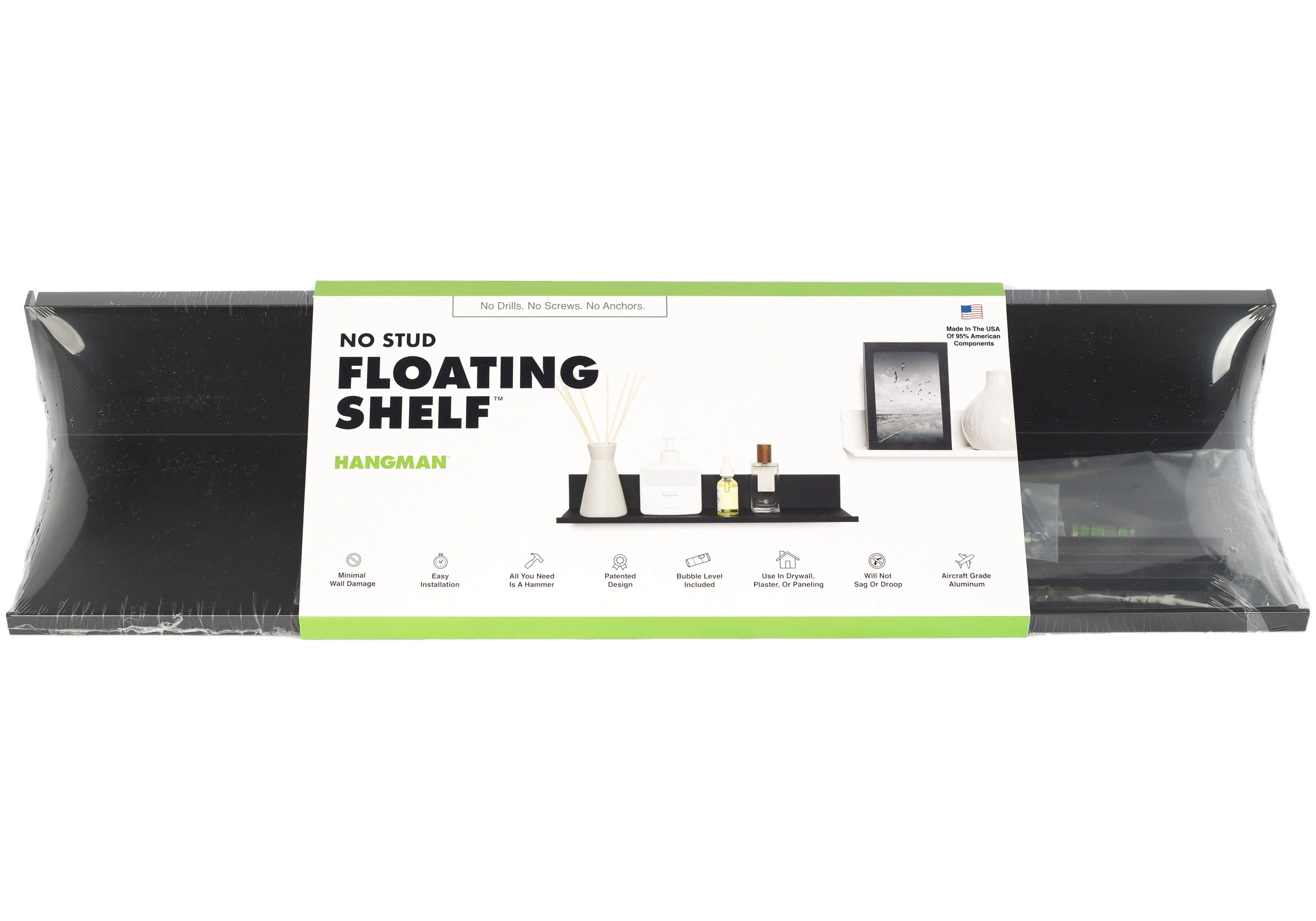 

Hangman No Stud Floating Shelf,18" Black,Aluminum,Level and Hardware Included,No Drills or Anchors Needed