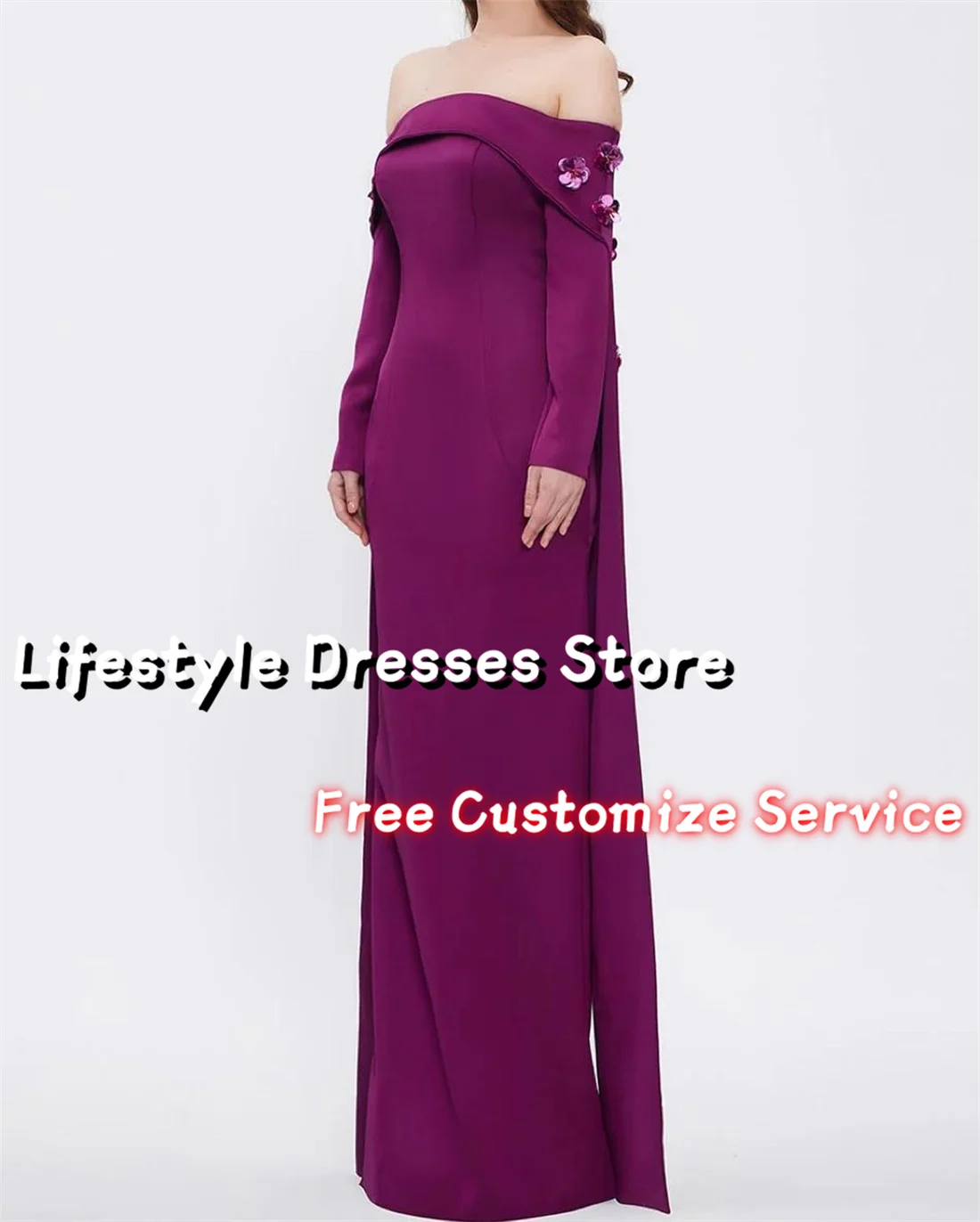 Customized Long Sleeves Off Shoulder Evening Dresses Sequin Flowers Prom Dresses For Formal Occasion Wedding Party Gown