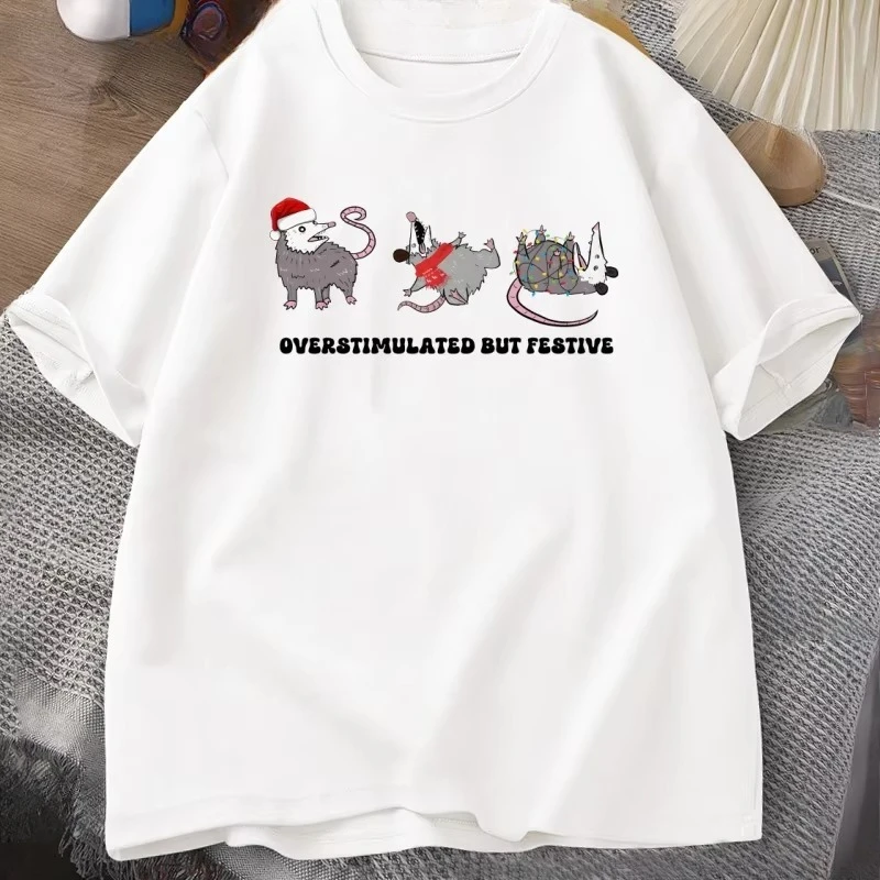 New Overstimulated But Festive Possum Christmas Tshirt Funny Christmas T-Shirt Cute Animal Printed women Short Sleeve T Shirt