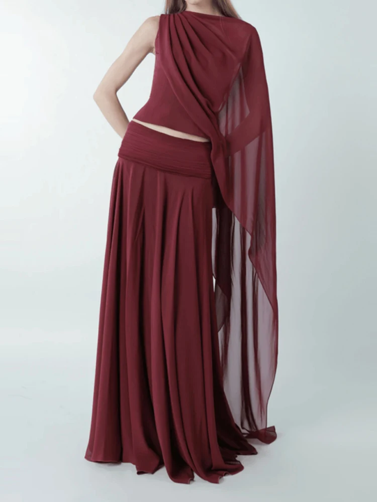 

Women Fashion Irregular Solid Long Skirt Outfiits Sexy Sleeveless Party Skirt 2Pc Set Elegant O-neck Cape Pullover & Skirt Suit