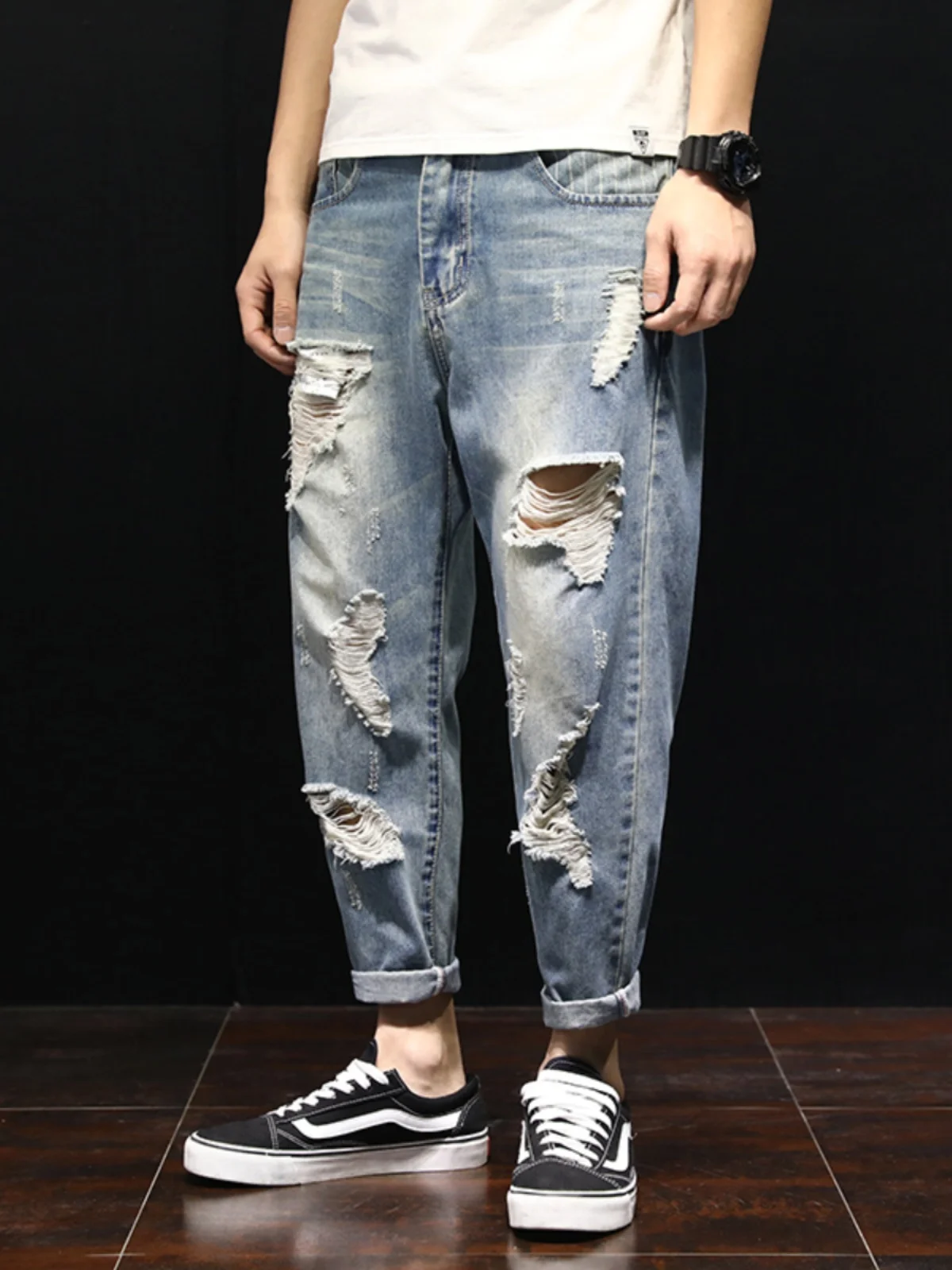 

Мужские джинсы в стиле ретро-жапонский хардкор, с вырезами, свободные, прямые, летние, тонкие, из денима, молодежные, повседневные, модные