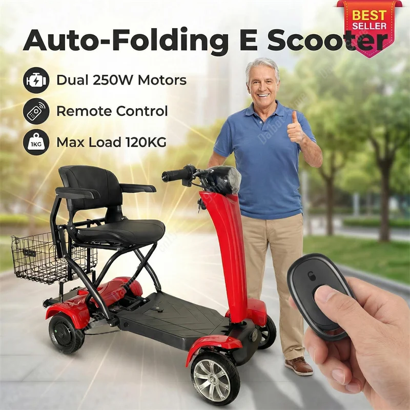 Automatic Folding Double Motor Electric Scooter 4 Wheel 36V 500W Lightweight Foldable Mobility Scooter For Elderly