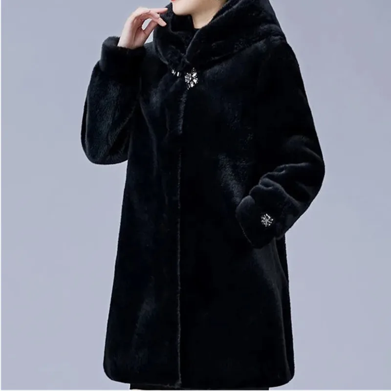 Black Imitation Mink fur Coat Women's 2023 Winter New Mother's Faux mink fur Coats Thicken Windbreak Hooded Parkas Overcoat 6XL