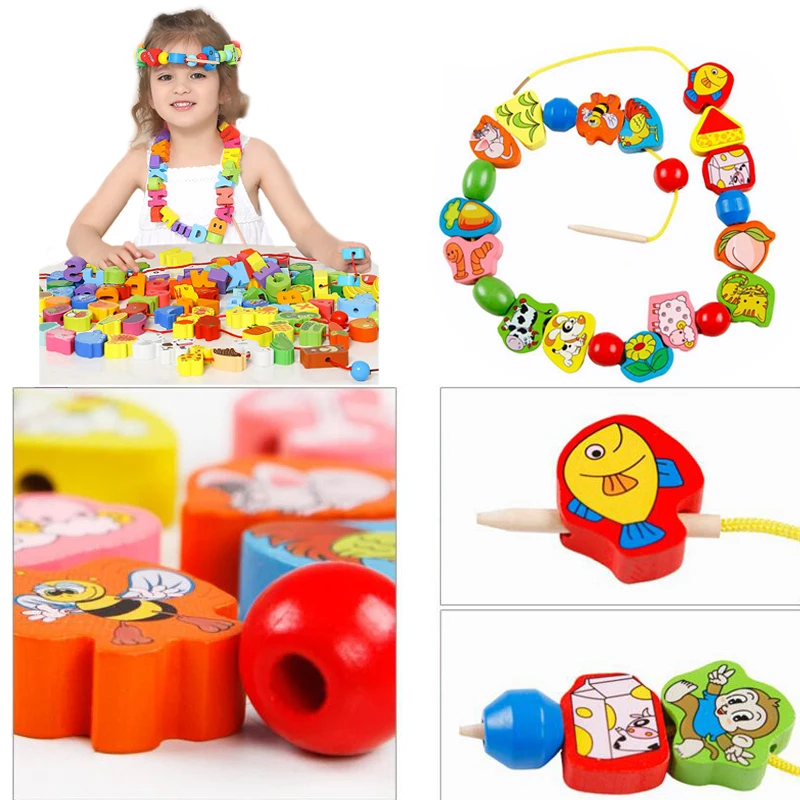 9/36pcs Wooden Toys Baby DIY Toy Cartoon Fruit Animal Stringing Threading Wooden beads Toy Monterssori Educational for Kids