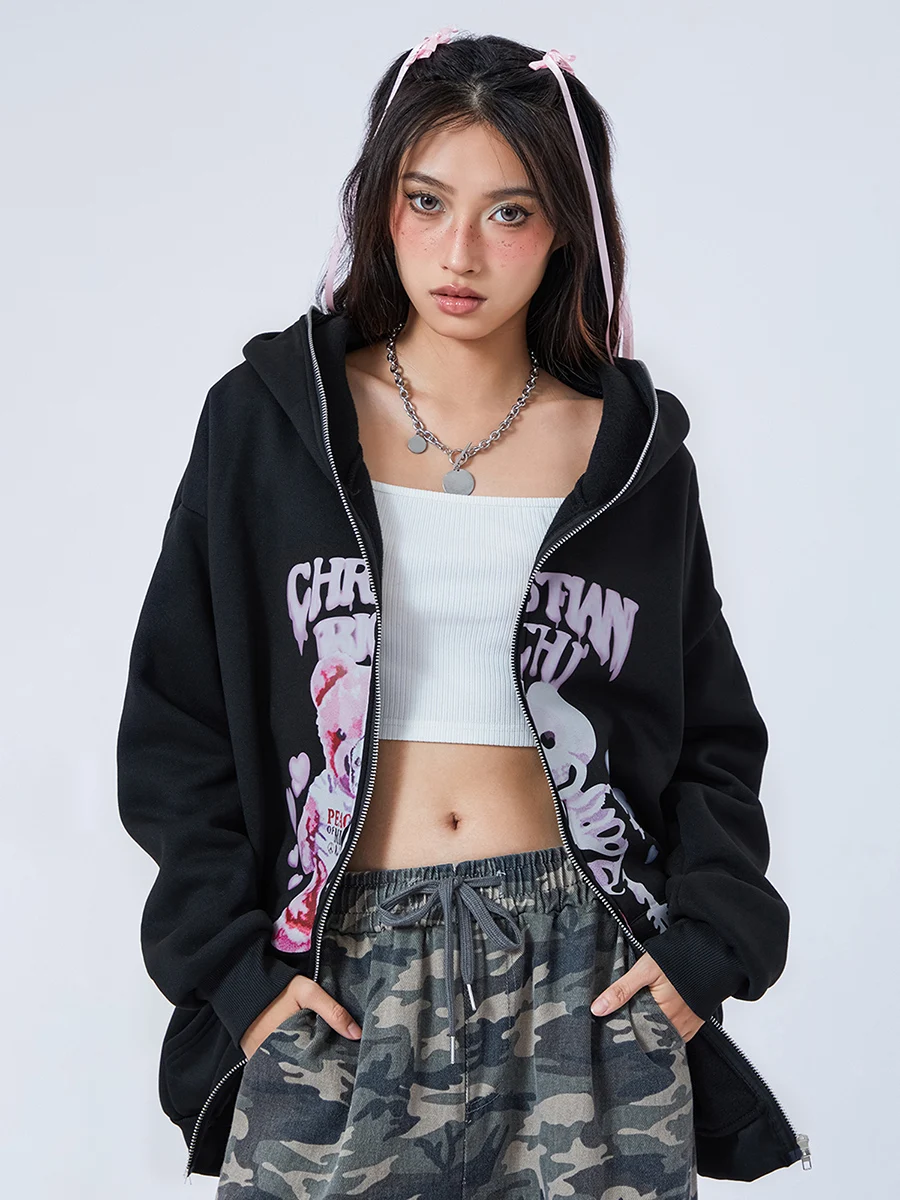 Y 2K Full Rits Hoodie Vrouwen Oversized Gothic Sweatshirt E-Girl Strass Lange Mouw Grafische Jas Streetwear