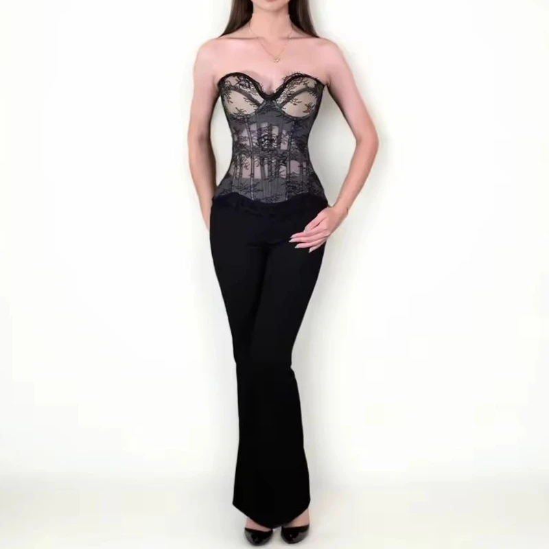 

Gothic Vintage Corset Tank Women Lace Up Sexy Sleeveless Breathable Mesh Tops Slimming Bandage Overbust Bustiers