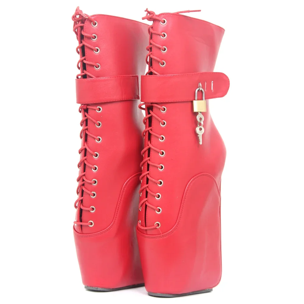 

New 7"/18CM Ultra High Heel Strange Wedge Ballet Boots Women Fashion Sexy Fetish Cross-tied Ankle Boots With Padlocks Locks
