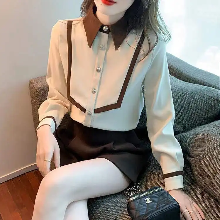 2024 Spring Autumn New Corduroy Retro POLO Collar Long Sleeve Shirt Women\'s Fashion Color Blocked Aging Temperament Top Trendy