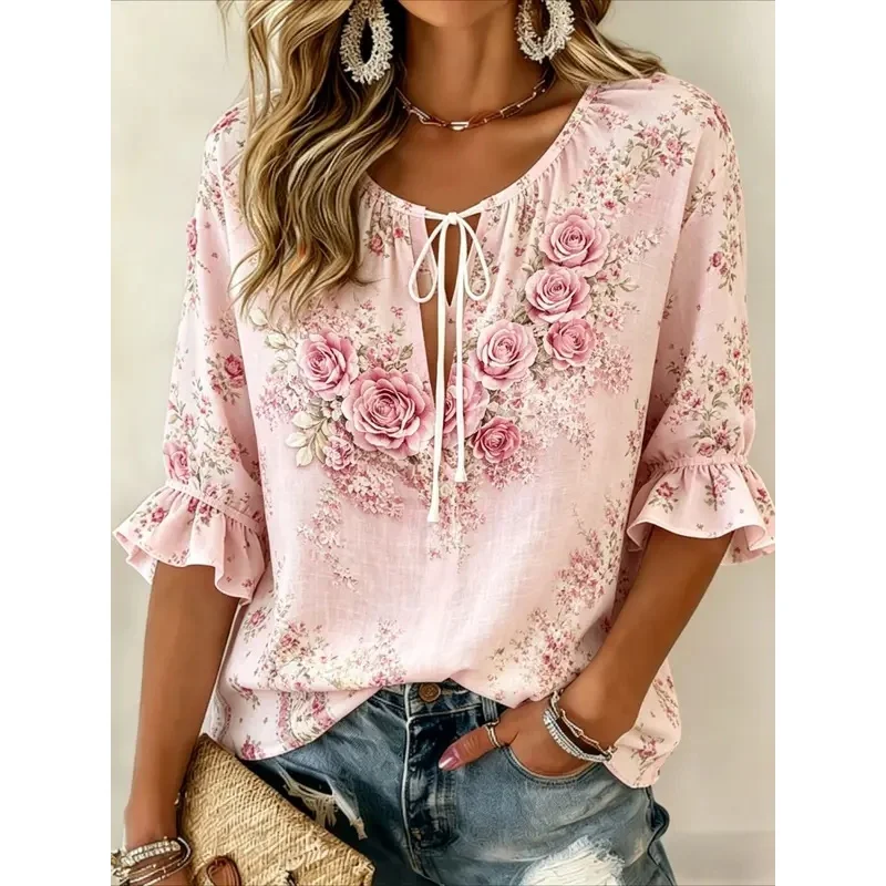 Women's Spring Summer 3D Printed Tie V Neck Blouse, Pink White Gradient Dot Geometric Lace Trim Vacation Top