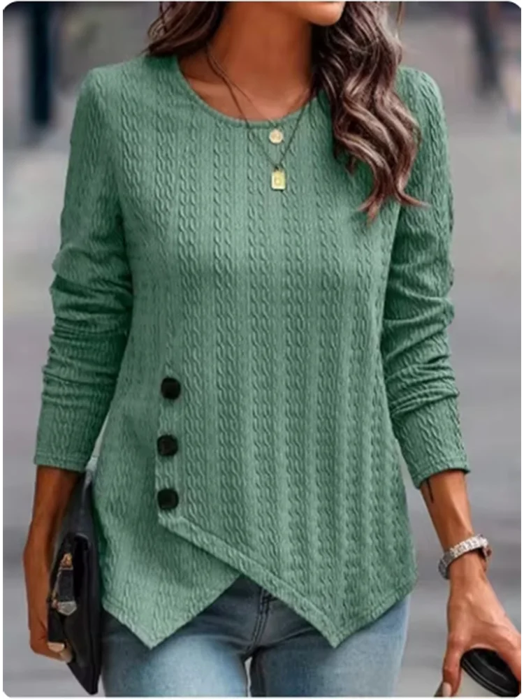 4 Solid Color Jacquard Long Sleeved Autumn Round Neck Button T-shirt Simple Versatile Daily Street Women\'s Top