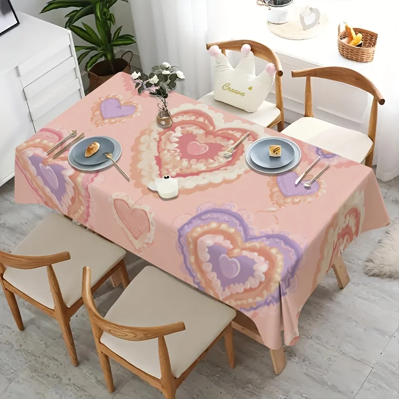 Sweet Valentine Tablecloth, Pink Background With Multi Layer Pastel Heart Pattern, Waterproof Table Cover for Daily & Party Use