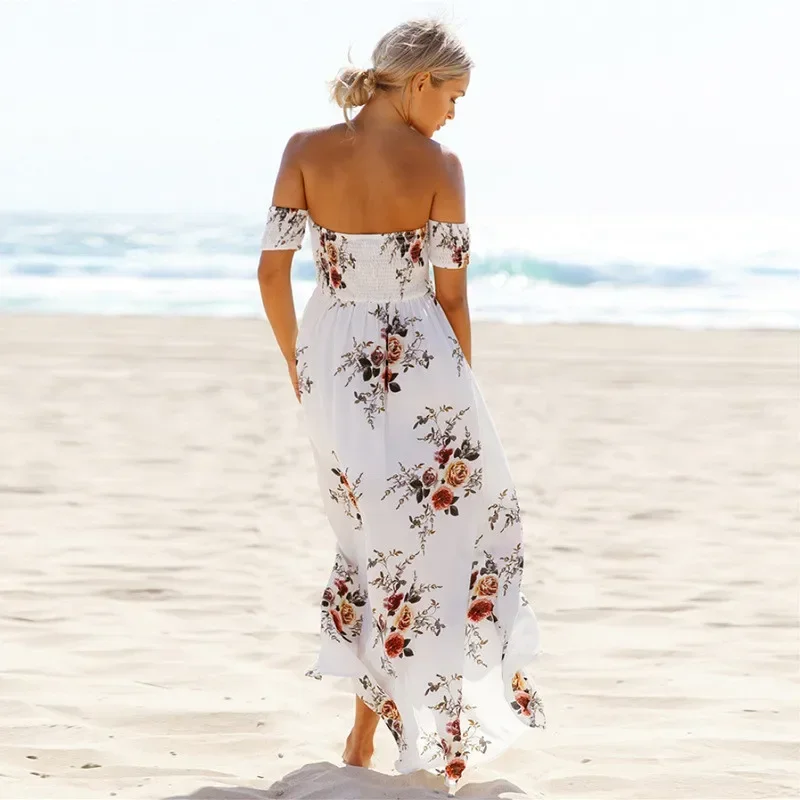 Dames off-shoulder bloemenprint boho-jurk mode strand zomerjurken dames strapless lange maxi-jurk