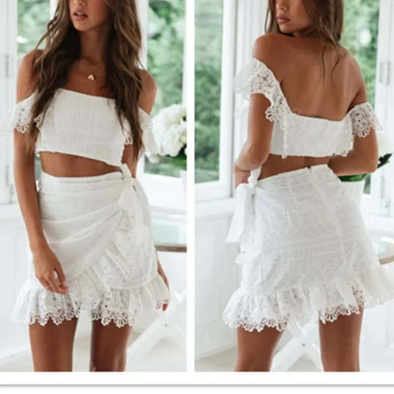 

Women Summer White Sexy 2024 Lace Hollow Out Mini Dress Outfits Bandage Bodycon Slash Neck Vestidos Elegantes Para Mujer