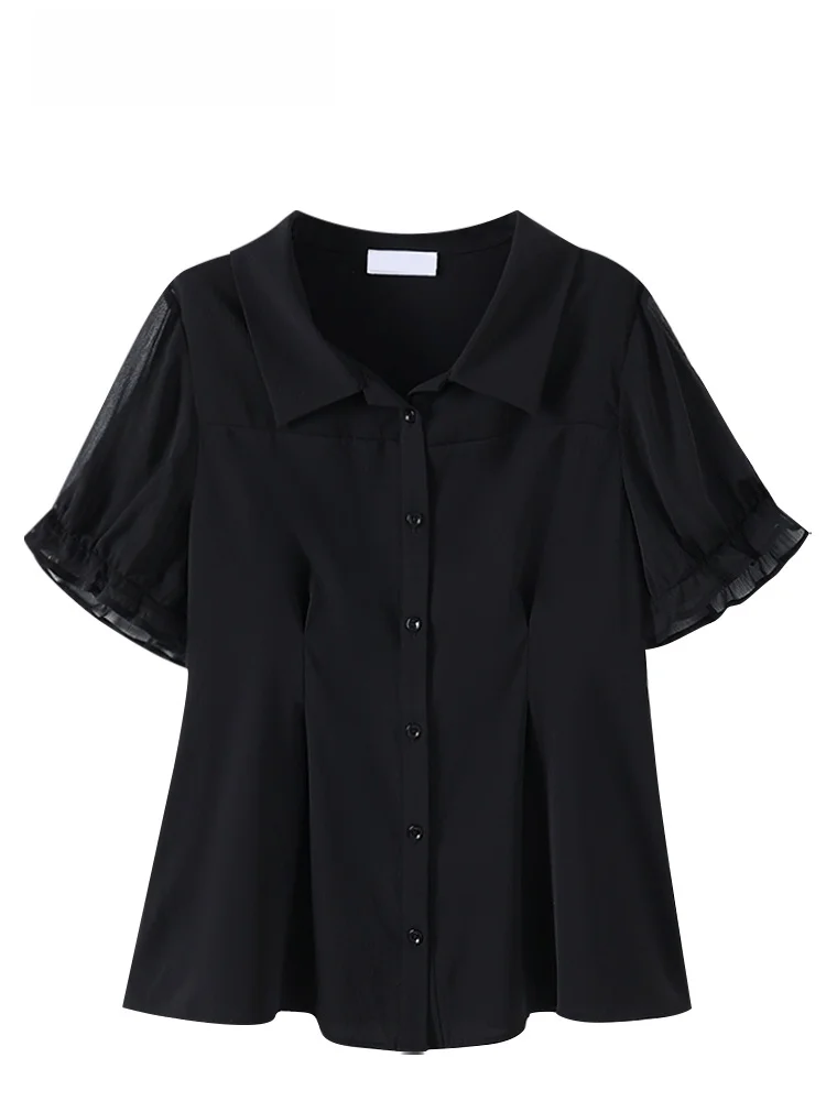 

Cara CLUB Large Size Doll Collar Short Sleeve Shirt Women Summer Fashion Youthful Belly Concealing Slimming Top Trendy