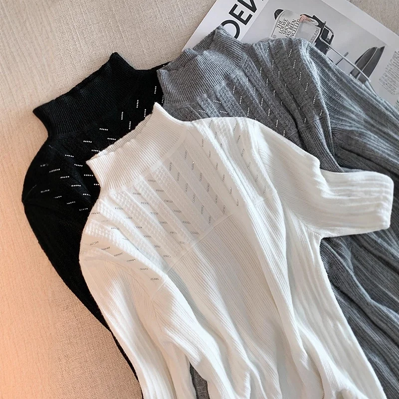 Dames herfst winter nieuwe effen kleur slim fit mock hals nis high-end gebreide kleding stijlvolle basislaag pullover top