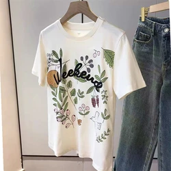 ロマンチックな女の子のための花柄のTシャツ,ヴィンテージの花柄,ラウンドネック,カジュアル,コットン,韓国の夏服