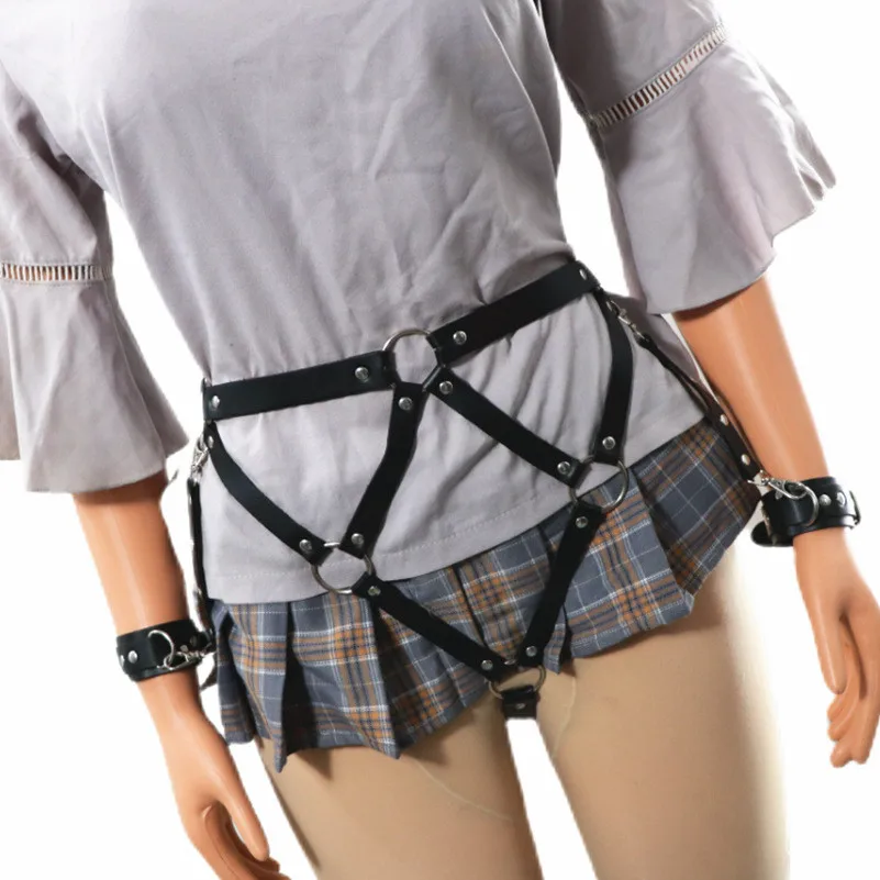 Women Punk Gothic PU Leather Body Harness Waist Belt With Metal Chain Decor Wrist Cuffs Couple Adjustable Cosplay Game Accessory