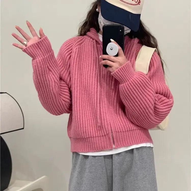 Sweater Women 2024 Fashion Autumn Spring Hooded Women Stripe Solid Color Zipper Knit Short Top Cardigan Women BD4007