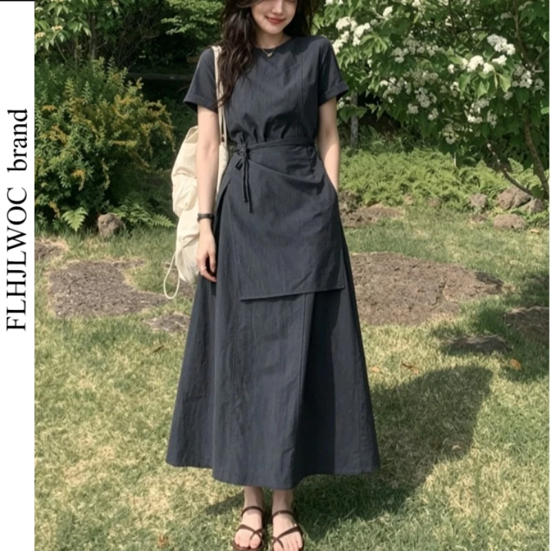 Spitzen-Wickelkleid mit seitlicher Schnürung und Taillenschärpe, langes Kleid für Damen, elegantes, schmal geschnittenes Design, lässig-schickes Korea-Damen-Retro-Kleid, feminines Vestidos