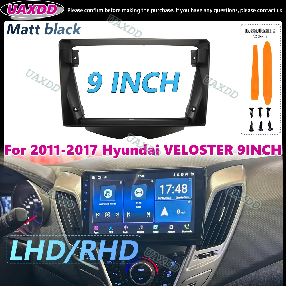 UAXDD Car Radio Band Frame for Hyundai Veloster FS 2011-2017 9-inch 2DIN Stereo Panel 16-pin Harness Power Cable Canbus Decoder