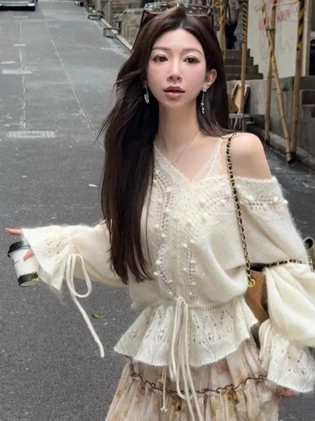 Atasan Kardigan Terbuka Rajutan Longgar Pakaian Rajut Sve Berongga V-ne Lembut Wanita untuk Musim Gugur 2025 Sle Nyaman Kasual