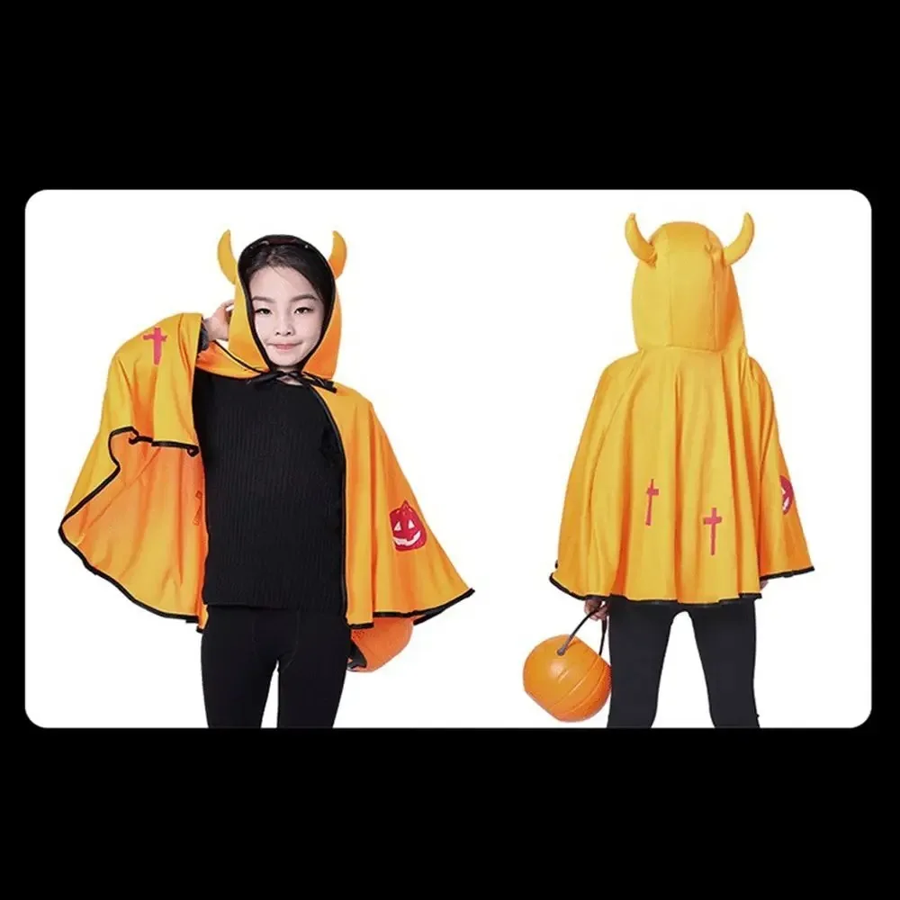 New Pointed Hat Halloween Bullhorn Cloak Cosplay Pumpkin Cartoon Hooded Cloak Hooded Wizard Cloak for Kids