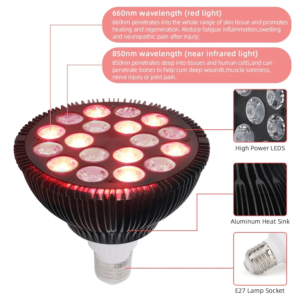 18 LED Lámpara de terapia de luz roja para la cara 54W Dispositivo de fisioterapia infrarroja con luz de belleza LED 660nm: 850nm para el cuidado de