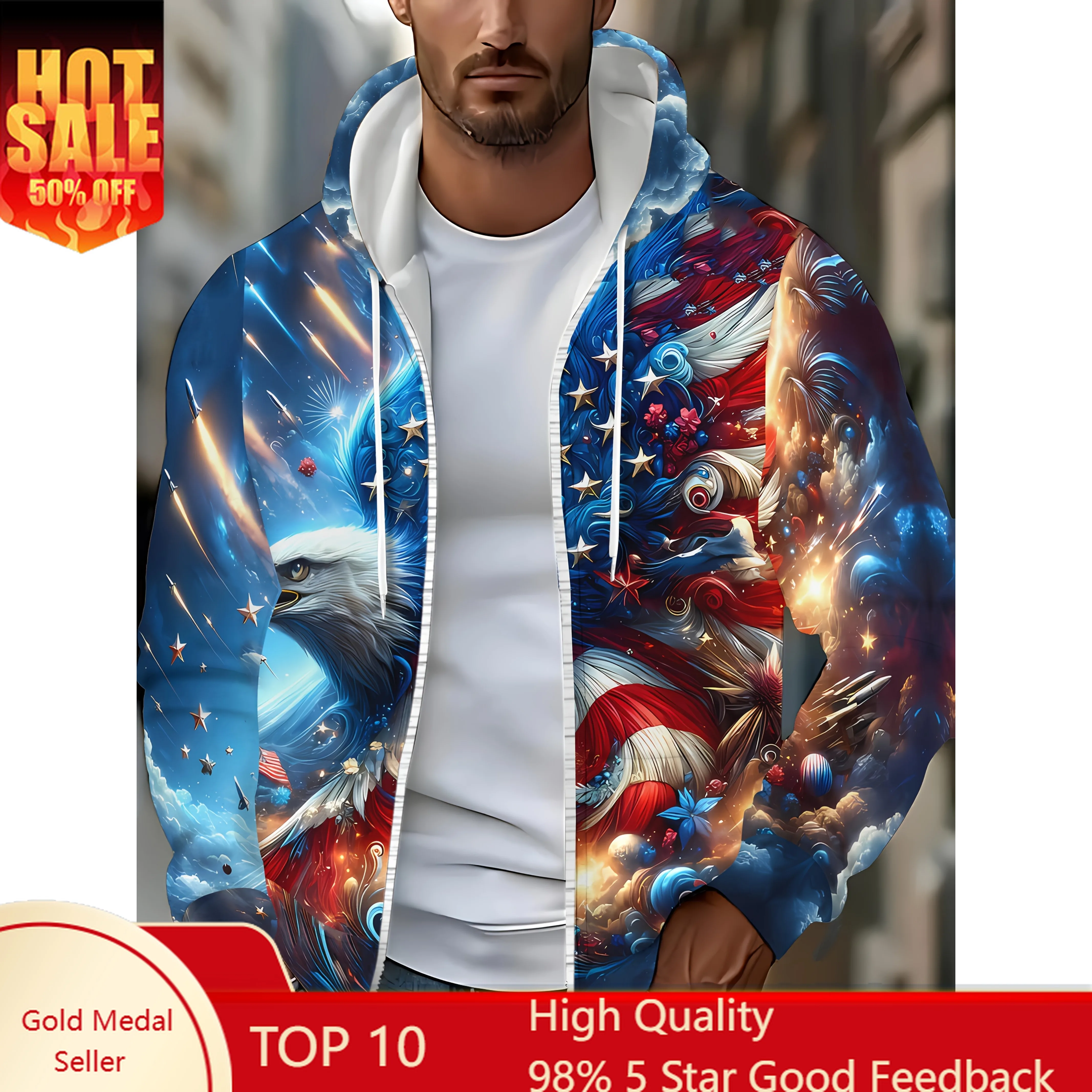 Мужская куртка с капюшоном и принтом патриотического орла — яркий дизайн американского флага, верхняя одежда на молнии с длинными рукавами на осень и зиму, стиль