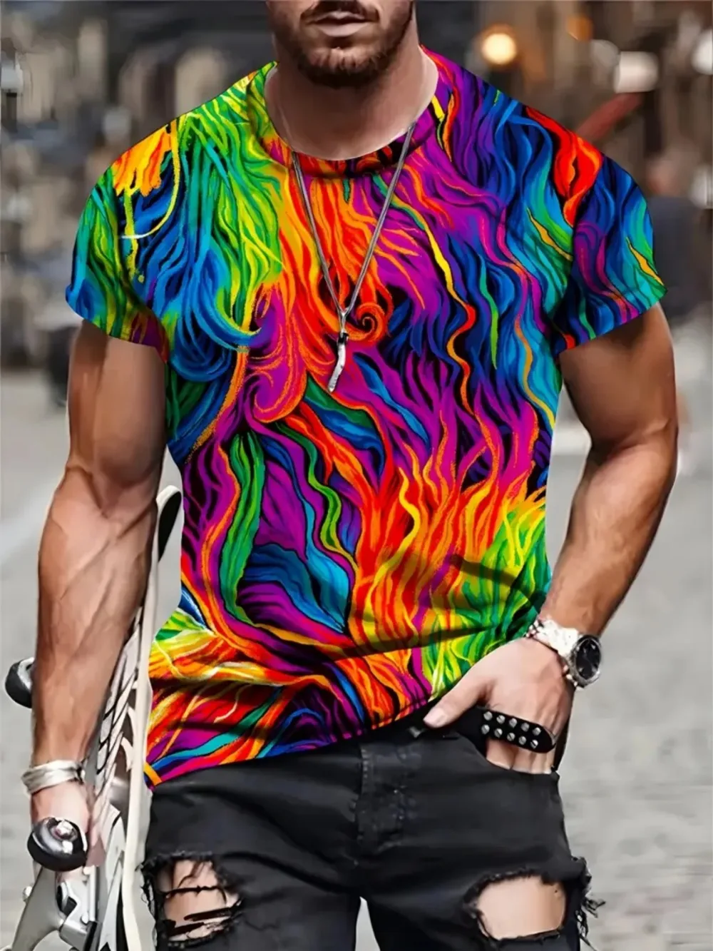 T-shirt pour homme à motif ondulé coloré, impression 3D, sportif, séchage rapide, respirant, style street original, Y2K, manches courtes