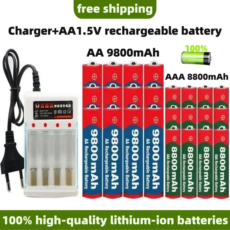 2024 New 1.5V AA 9800mAh+1.5V AAA 8800mAh Lithium ion Rechargeable Battery 1.5V Clock Toy Camera Battery+Charger